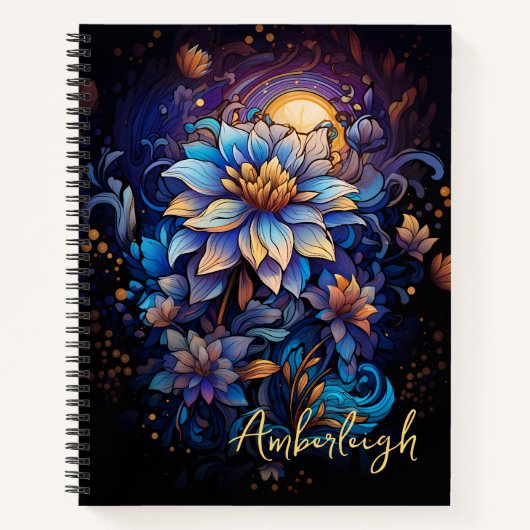 Blue and Gold Blume mit Name Notebook Notizblock (Vorderseite)