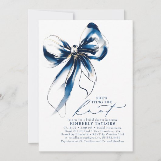 Blue and Gold Bow Elegant Whimsical Bridal Shower Einladung (Vorderseite)