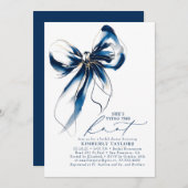 Blue and Gold Bow Elegant Whimsical Bridal Shower Einladung (Vorne/Hinten)