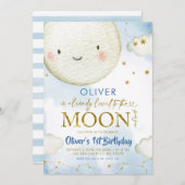 Blue and Gold Boy Niedlich Moon Geburtstag Einladung (Vorne/Hinten)