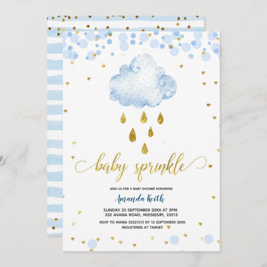 Blue and Gold Boy Rainclou Baby Sprinkle Einladung (Vorne/Hinten)