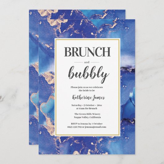 Blue and Gold Brunch & Bubbly Einladung (Vorne/Hinten)