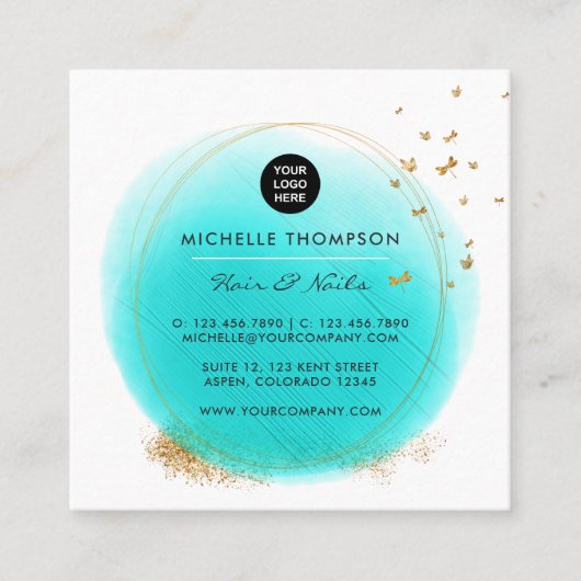 Blue and Gold Brushstrokes Square Business Card Quadratische Visitenkarte (Vorderseite)