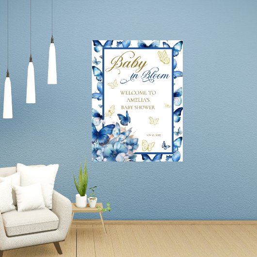 Blue and Gold Butterfly Baby in Bloom Baby Dusche Poster