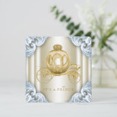 Blue and Gold Carriage Prince Baby Dusche Einladung (Stehend Vorderseite)
