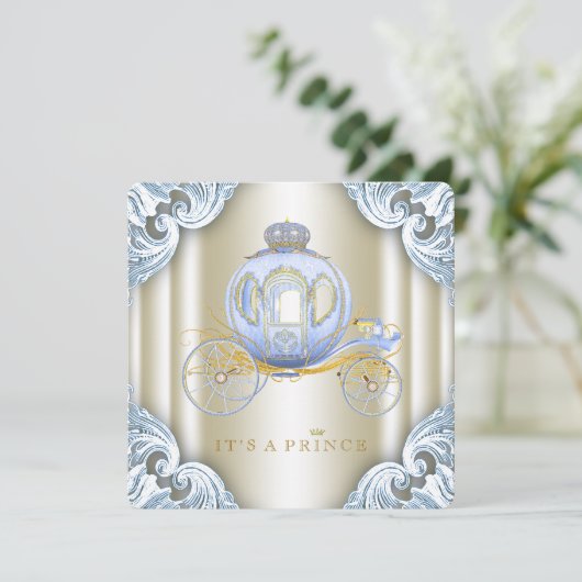 Blue and Gold Carriage Prince Baby Dusche Einladung (Stehend Vorderseite)