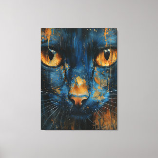 Blue and Gold Cat Modern Abstract Feline Portrait Leinwanddruck