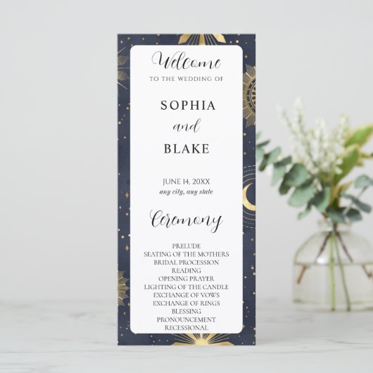 Blue and Gold Celestial Wedding Program (Stehend Vorderseite)