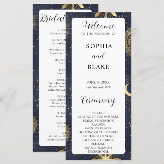 Blue and Gold Celestial Wedding Program (Vorne/Hinten)