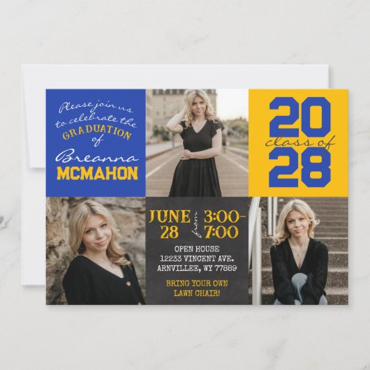 Blue and Gold Chalkboard 3-Foto-Abschluss Einladung (Vorderseite)