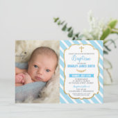 Blue and Gold Christening Taufe Baby Boy Foto Einladung (Stehend Vorderseite)