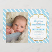 Blue and Gold Christening Taufe Baby Boy Foto Einladung (Vorne/Hinten)