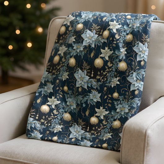 Blue and Gold Christmas Ornaments Poinsettias Fleecedecke