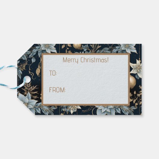 Blue and Gold Christmas Ornaments Poinsettias Geschenkanhänger (Rückseite Horizontal)