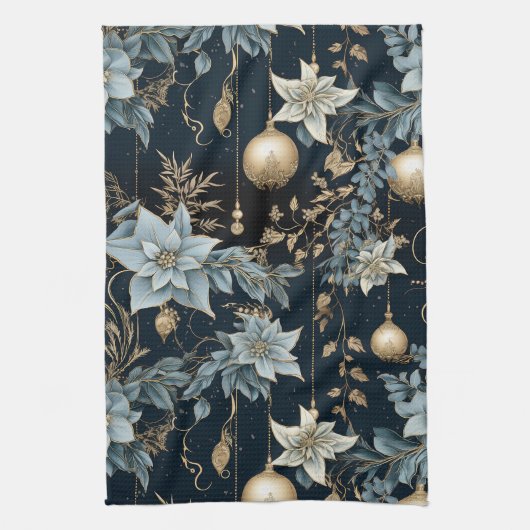 Blue and Gold Christmas Ornaments Poinsettias Geschirrtuch (Vertikal)
