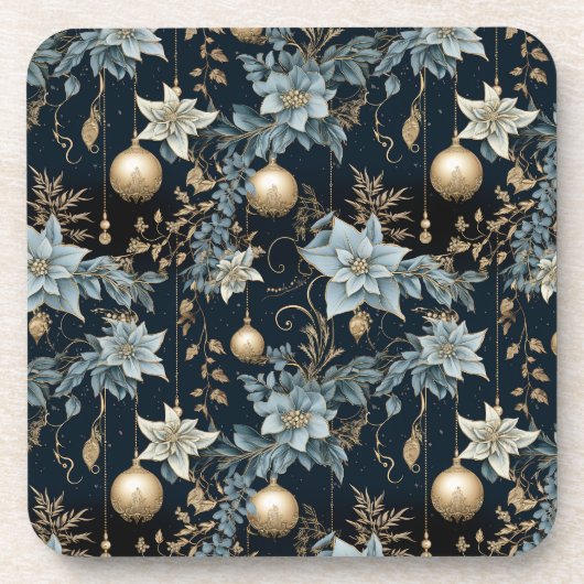 Blue and Gold Christmas Ornaments Poinsettias Getränkeuntersetzer (Vorderseite)