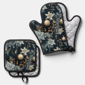 Blue and Gold Christmas Ornaments Poinsettias Ofenhandschuh & Topflappen-Set (Vorderseite/Rückseite)