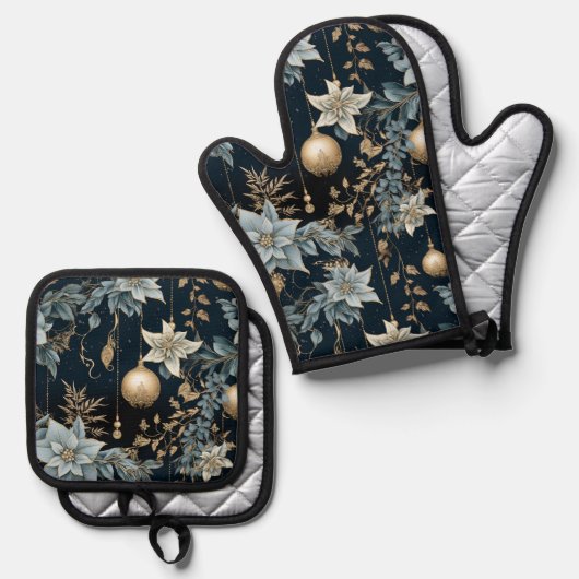 Blue and Gold Christmas Ornaments Poinsettias Ofenhandschuh & Topflappen-Set (Vorderseite/Rückseite)