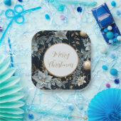 Blue and Gold Christmas Ornaments Poinsettias Pappteller (Party)