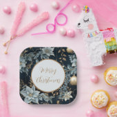 Blue and Gold Christmas Ornaments Poinsettias Pappteller (Party)