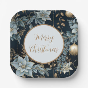 Blue and Gold Christmas Ornaments Poinsettias Pappteller
