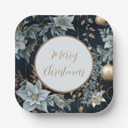 Blue and Gold Christmas Ornaments Poinsettias Pappteller (Vorderseite)