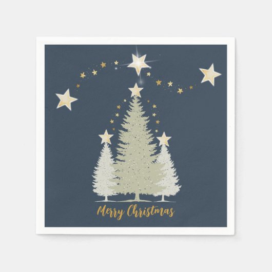 Blue and Gold Christmas Tree and Stars Paper Serviette (Vorderseite)