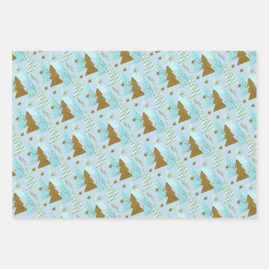 Blue and Gold Christmas Trees Geschenkpapier Set (Vorderseite 3)