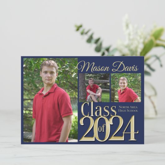 Blue and Gold Class of 2020 Foto Abschluss Einladung (Stehend Vorderseite)
