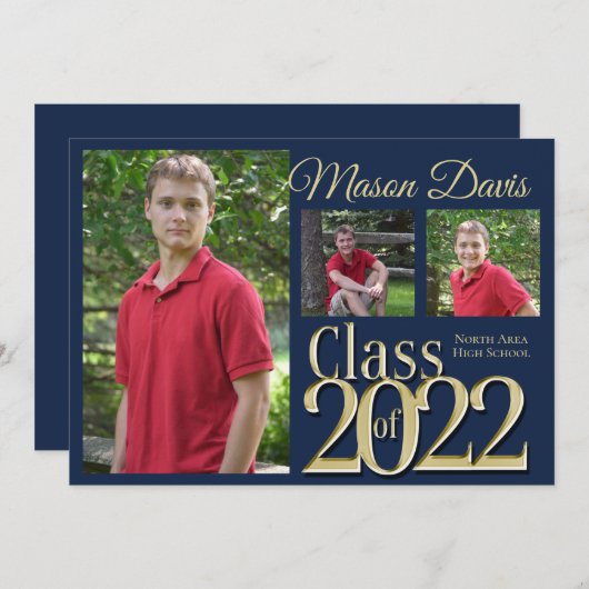 Blue and Gold Class of 2022 Foto Abschluss Einladung (Vorne/Hinten)