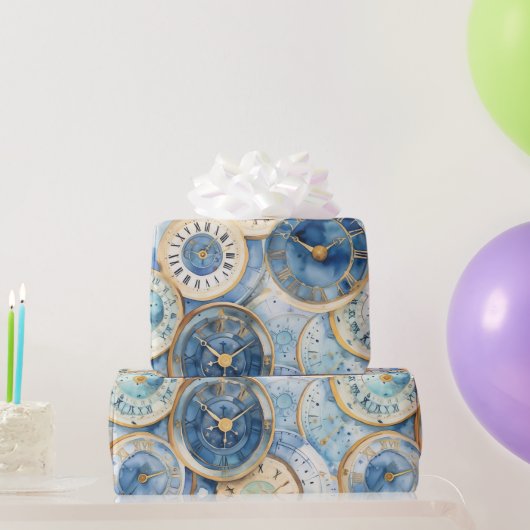 Blue and Gold Clock Pattern Geschenkpapier (Partygeschenke)