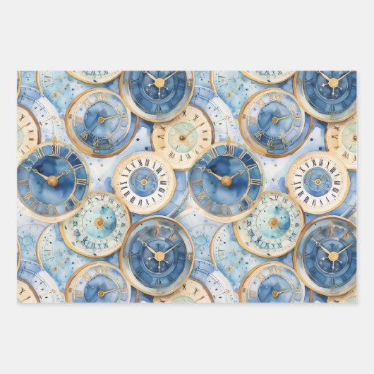 Blue and Gold Clock Pattern Geschenkpapier Set (Vorderseite)