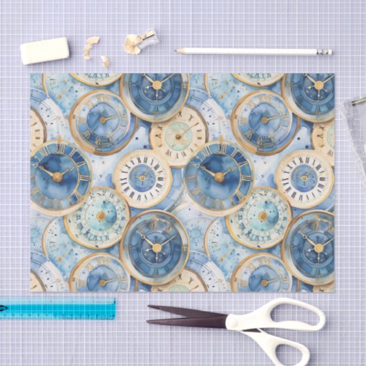 Blue and Gold Clock Pattern Seidenpapier (Handwerk)