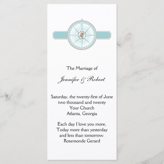 Blue and Gold Compass Rose Beach Hochzeitsprogramm Programm (Vorderseite)