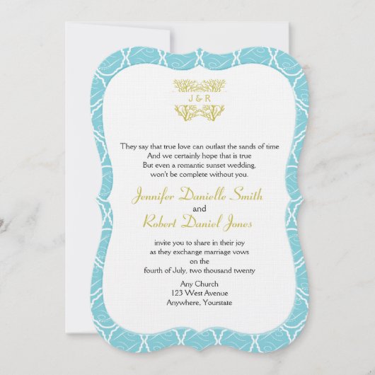 Blue and Gold Coral Rose Beach Wedding Einladung (Vorderseite)