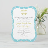 Blue and Gold Coral Rose Beach Wedding Einladung (Stehend Vorderseite)