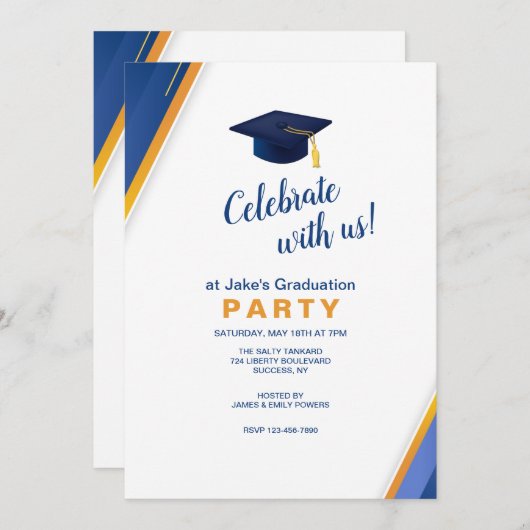 Blue and Gold Corners Graduation Party Einladung (Vorne/Hinten)