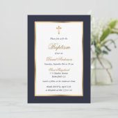 Blue and Gold Cross Elegante Script Taufe Einladung (Stehend Vorderseite)