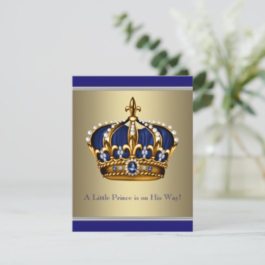 Blue and Gold Crown Little Prince Baby Dusche Einladung (Stehend Vorderseite)