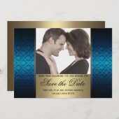 Blue and Gold Damaks Save the Date Foto (Vorne/Hinten)