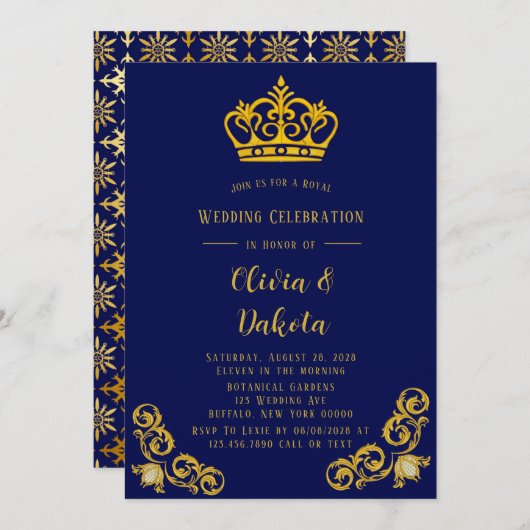 Blue and Gold Damask Royal Wedding Einladung (Vorne/Hinten)