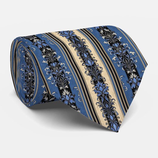 Blue and Gold Damask Stripes Krawatte (Gerollt)