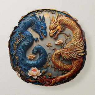 Blue and Gold Dragons in Yin Yang Design Rundes Kissen