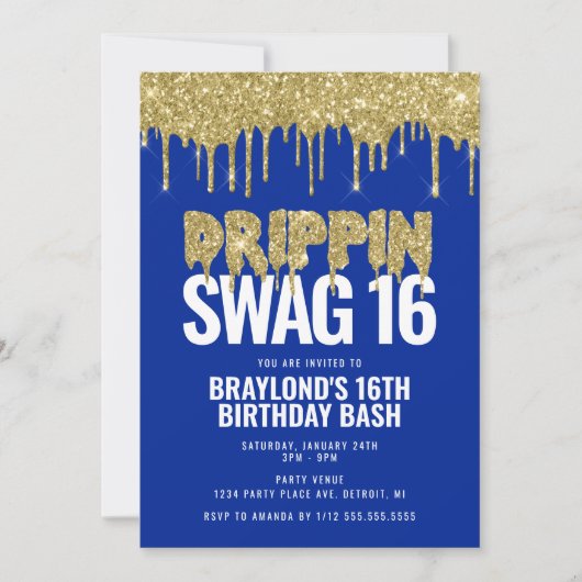 Blue and Gold Drippin Swag 16 Geburtstag Einladung (Vorderseite)