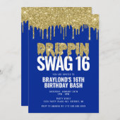 Blue and Gold Drippin Swag 16 Geburtstag Einladung (Vorne/Hinten)