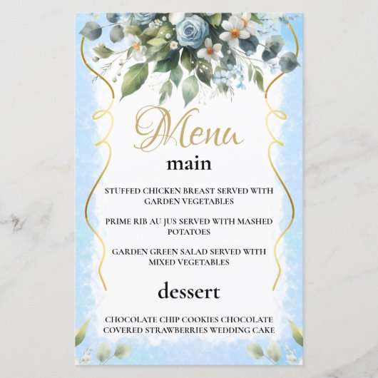 Blue and Gold Elegant Floral Rustic Menu Card (Vorderseite)
