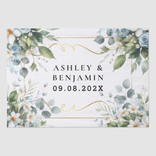  Blue and Gold Elegant Floral Rustic Watercolor Seidenpapier (Vorderseite)
