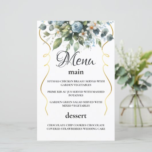 Blue and Gold Elegante Rustic Watercol Menü (Stehend Vorderseite)