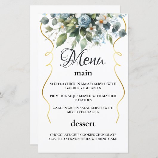 Blue and Gold Elegante Rustic Watercol Menü (Vorne/Hinten)