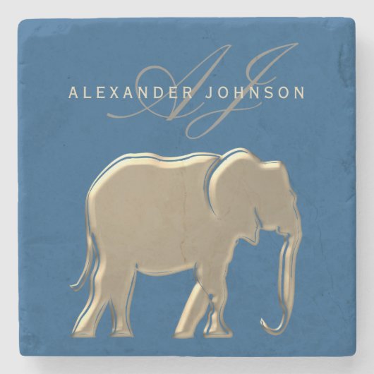 Blue and Gold Elephant Mit Monogramm Steinuntersetzer (Vorderseite)